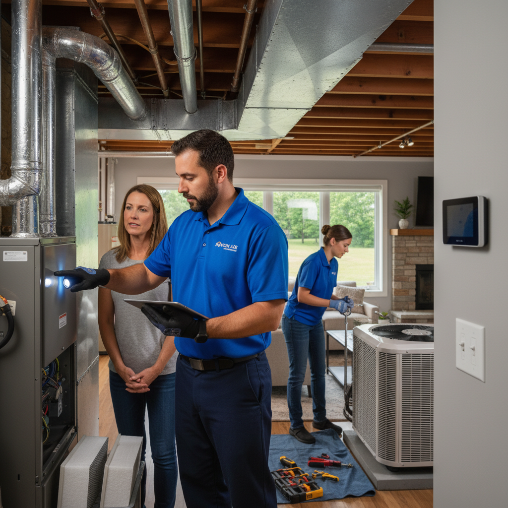 Experienced Moon Air HVAC technician inspecting a furnace in a Cecil County, Maryland home.