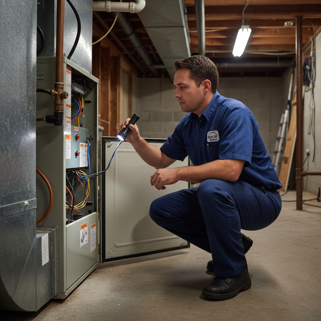 Experienced Moon Air HVAC technician inspecting a furnace in a Cecil County, Maryland home.