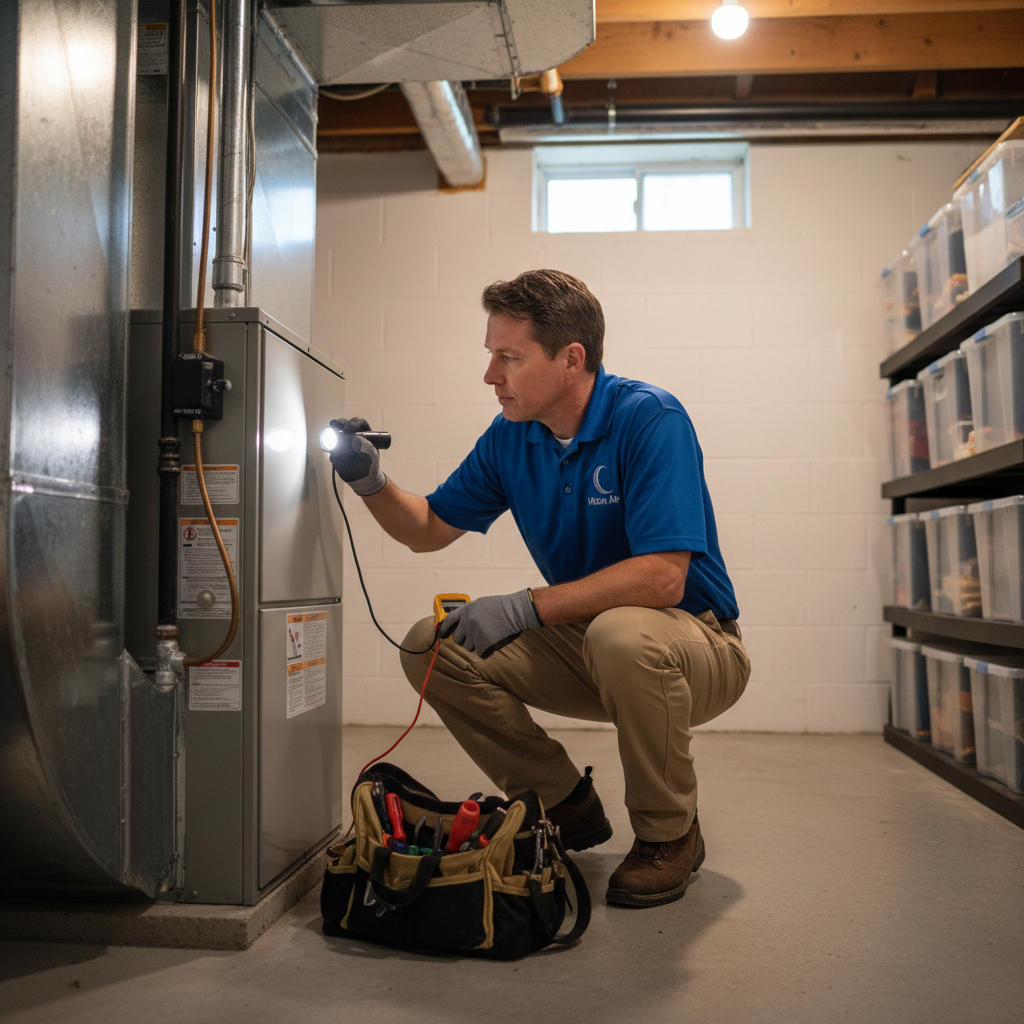 Experienced Moon Air HVAC technician inspecting a furnace in a New Castle County, Delaware basement.