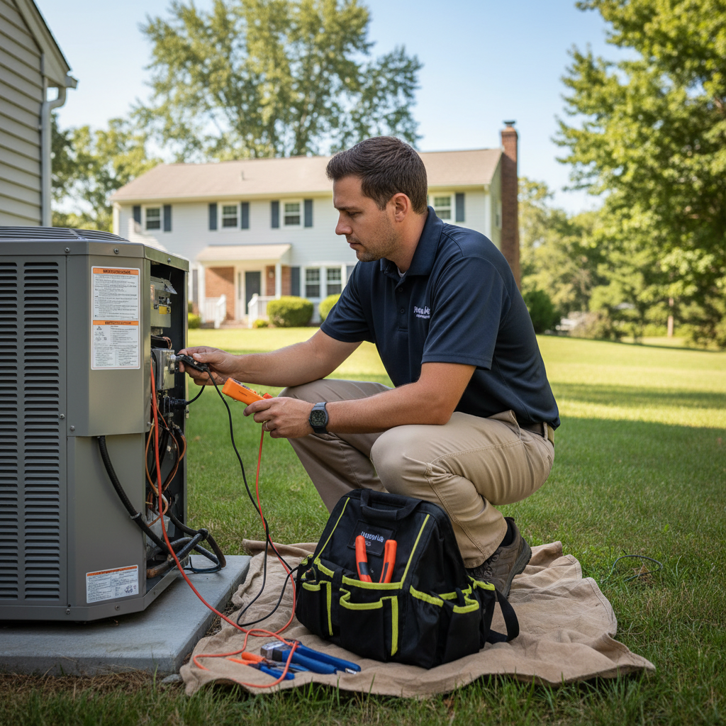 Experienced Moon Air HVAC technician servicing an air conditioning unit in a residential home in Cecil County, MD.