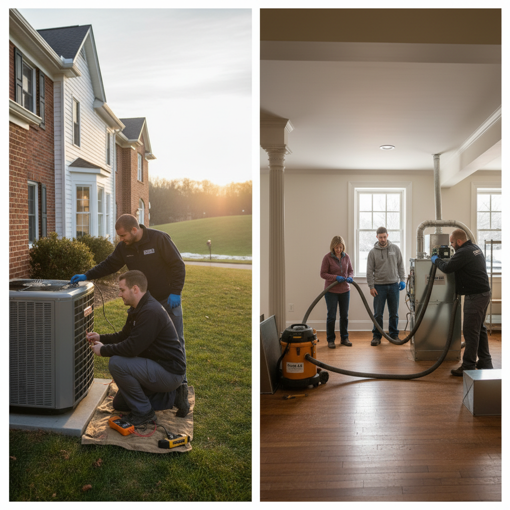 Experienced Moon Air professionals inspecting an outdoor AC unit for a client in Chester County, Pennsylvania.