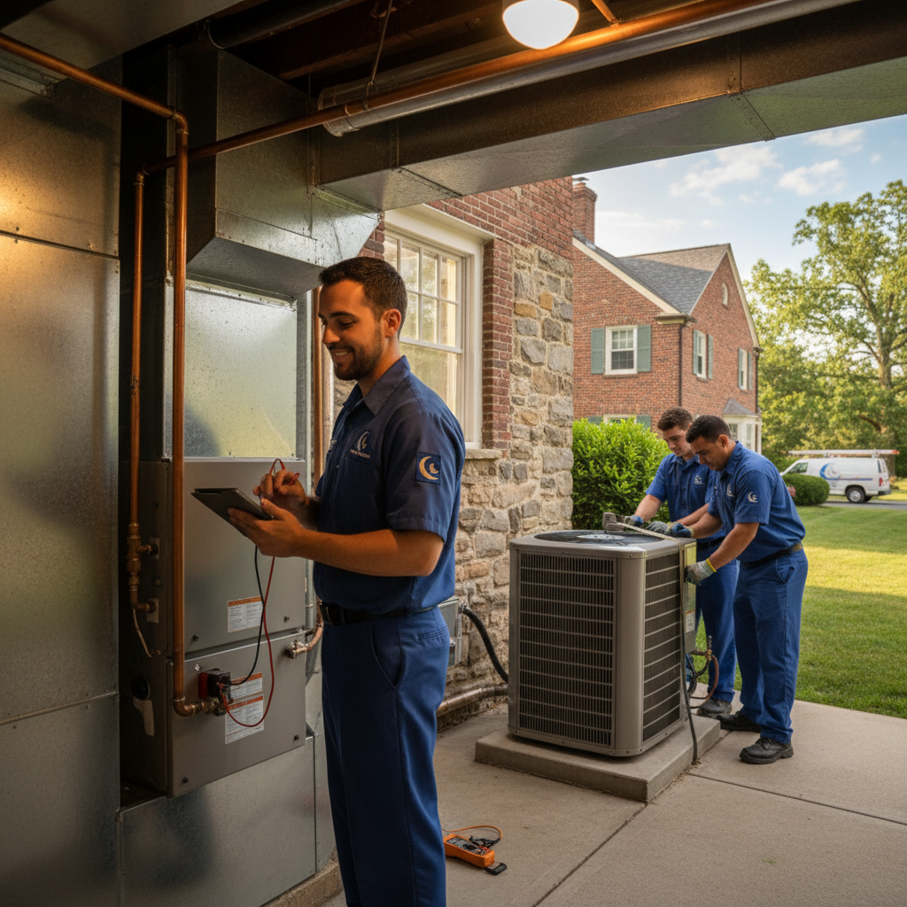 Experienced Moon Air technician meticulously inspecting a furnace in a Cecil County, MD, home.