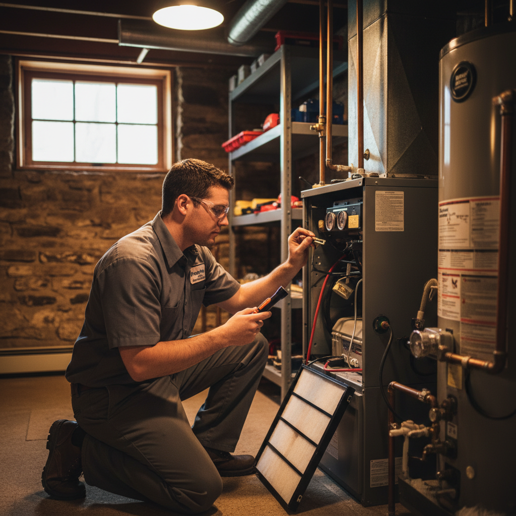 Experienced Moon Air technician performing HVAC system maintenance in a Cecil County, Maryland home.