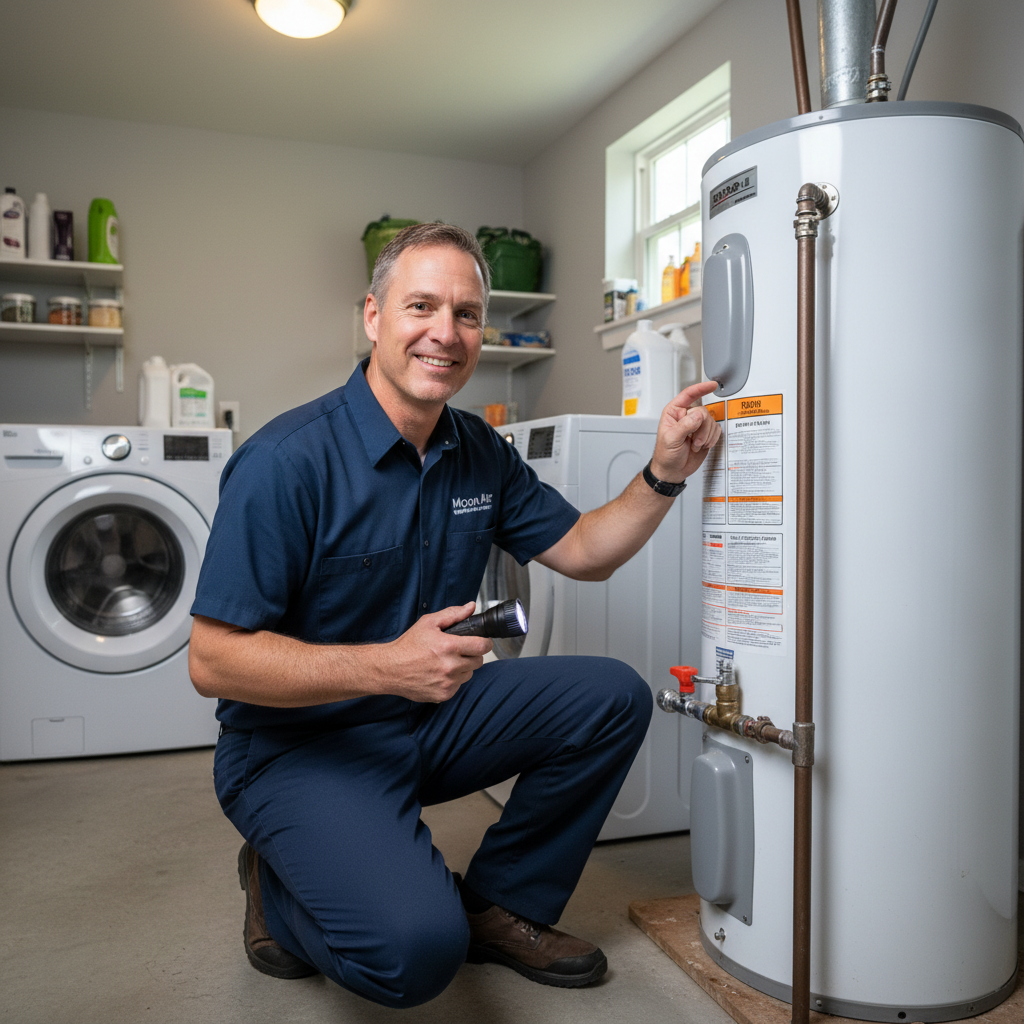 Friendly Moon Air plumber inspecting a water heater in a New Castle County, DE residential utility room.