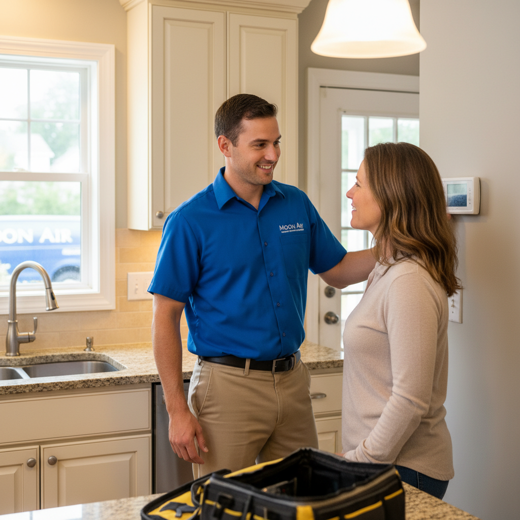 Friendly Moon Air professional installing a new thermostat in a home in Chester County, Pennsylvania.