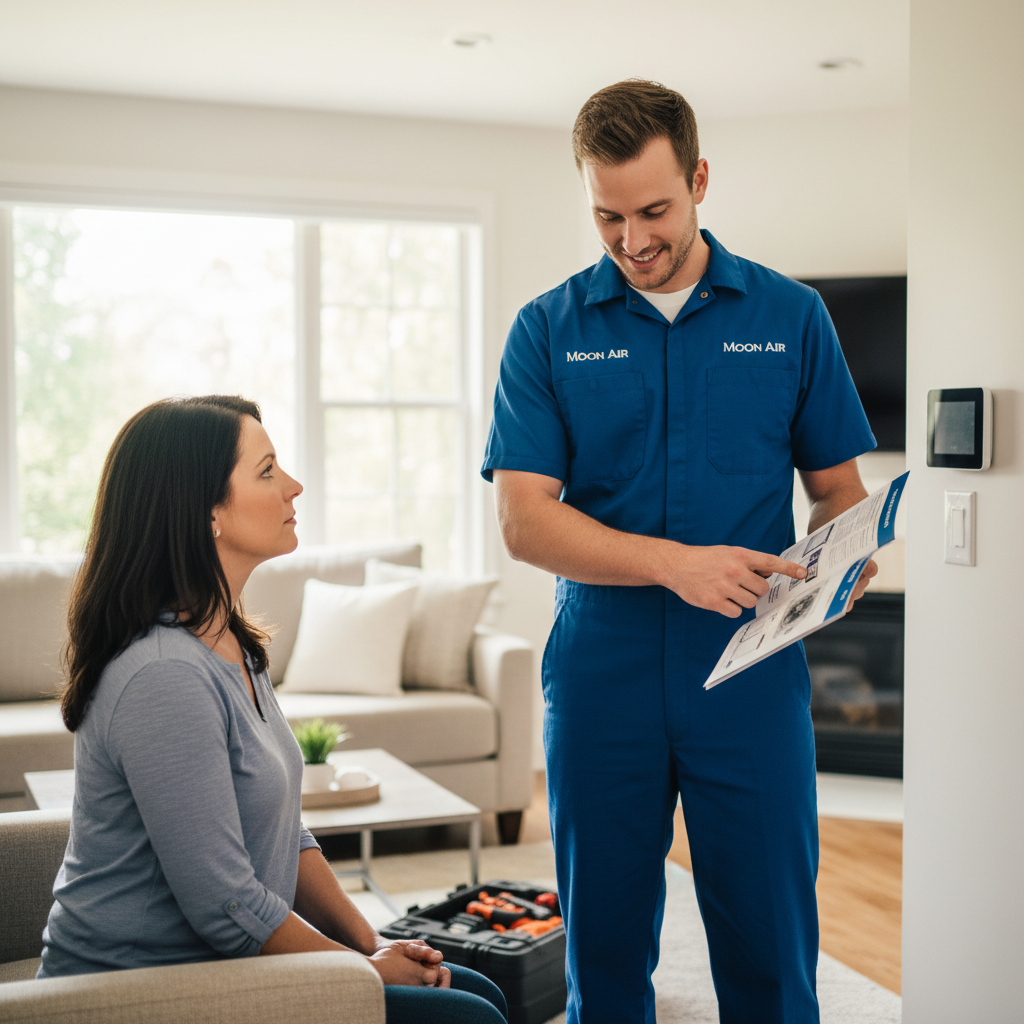 Friendly Moon Air technician discussing HVAC options with a homeowner in Chester County, PA.