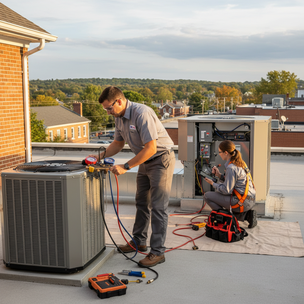 HVAC technician servicing an outdoor air conditioning unit in a residential area of Cecil County, MD.