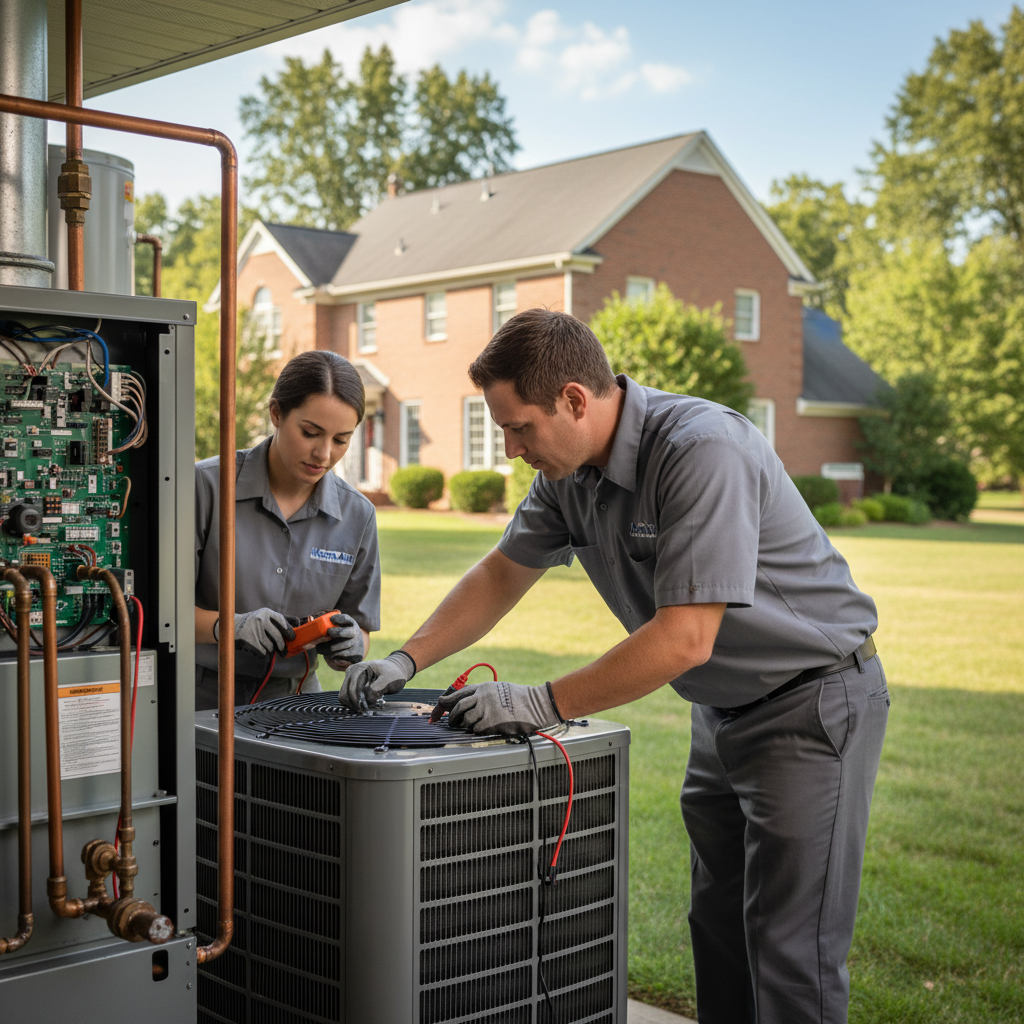 HVAC technician servicing an outdoor air conditioning unit in a residential backyard in Cecil County, MD.