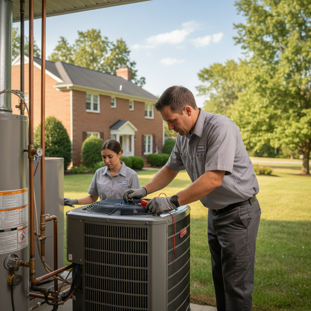 HVAC technician servicing an outdoor air conditioning unit in a residential backyard in Cecil County, MD.