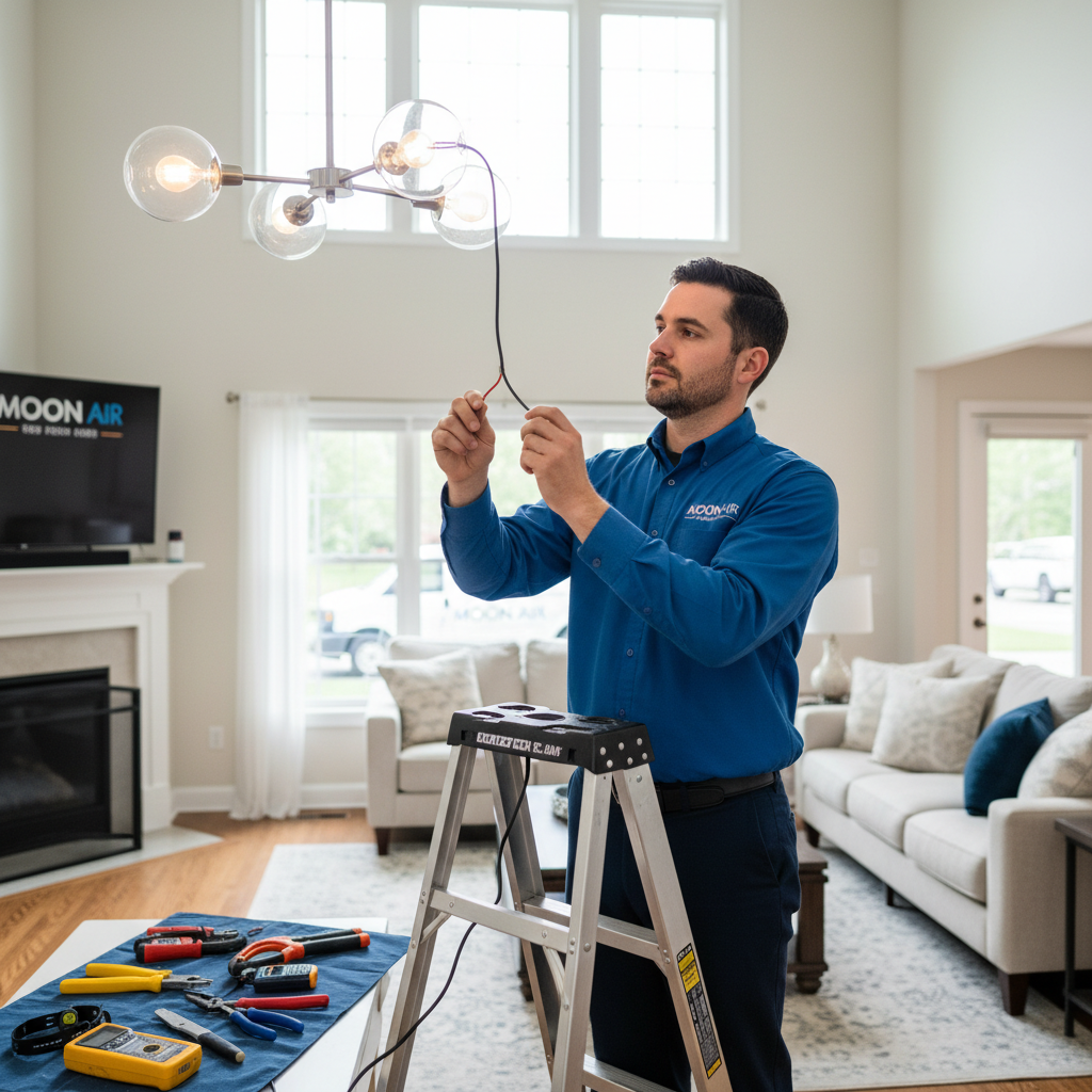Moon Air electrician installing a new light fixture in a living room in Chester County, PA.