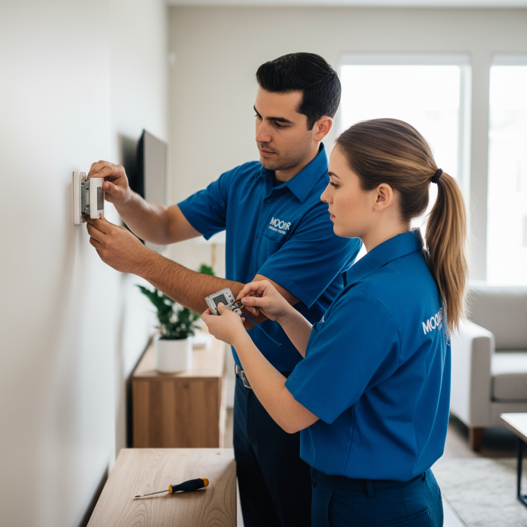 Moon Air HVAC professionals installing a new thermostat in a home in Chester County, PA.