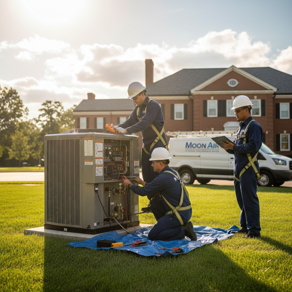 Moon Air HVAC repair service on an outdoor unit in New Castle County, Delaware.