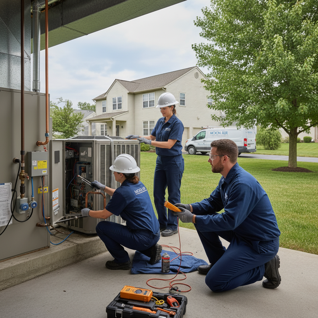 Moon Air HVAC repair team performing AC maintenance on a roof in Chester County, PA.