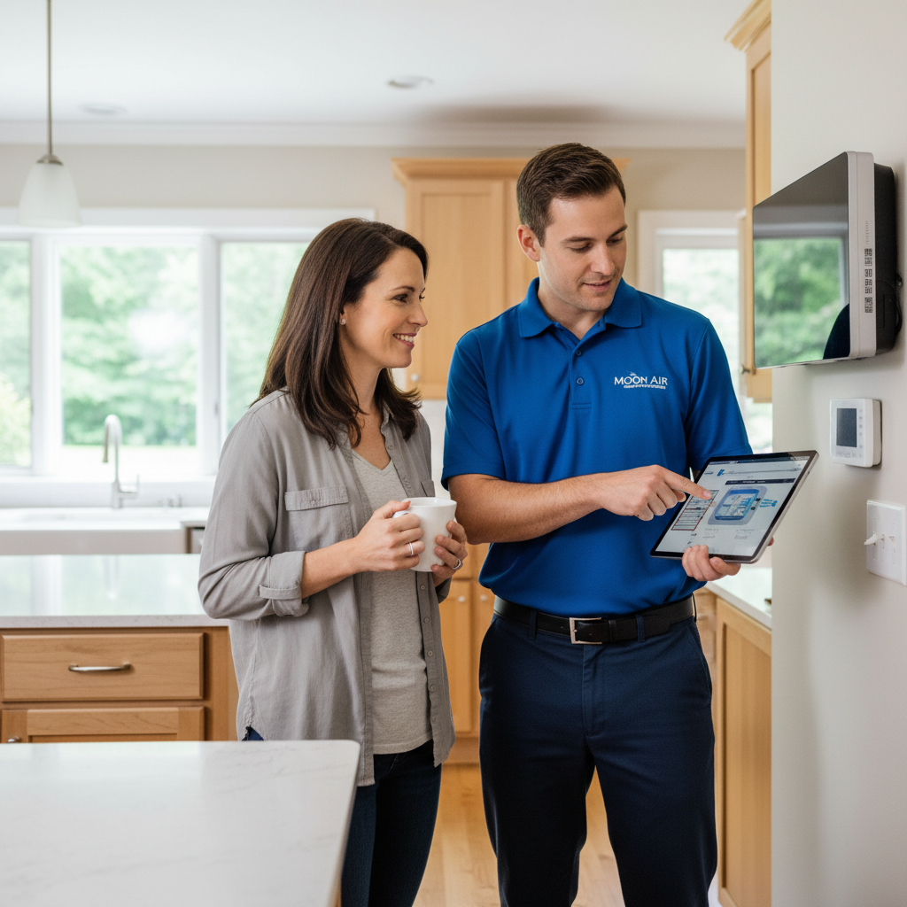 Moon Air HVAC specialist discussing a new air purification system with a homeowner in Chester County, Pennsylvania.