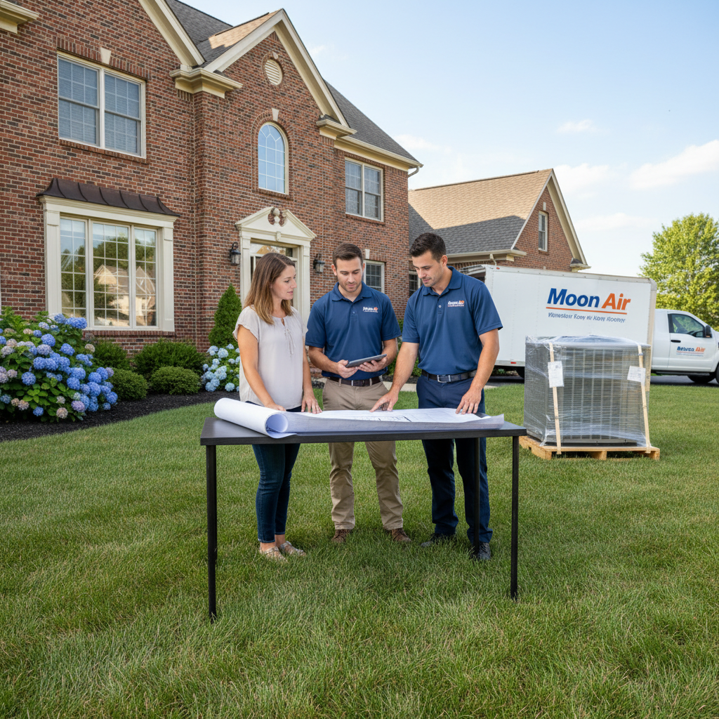 Moon Air HVAC specialists discussing a new air conditioning installation plan at a New Castle County, DE residence.