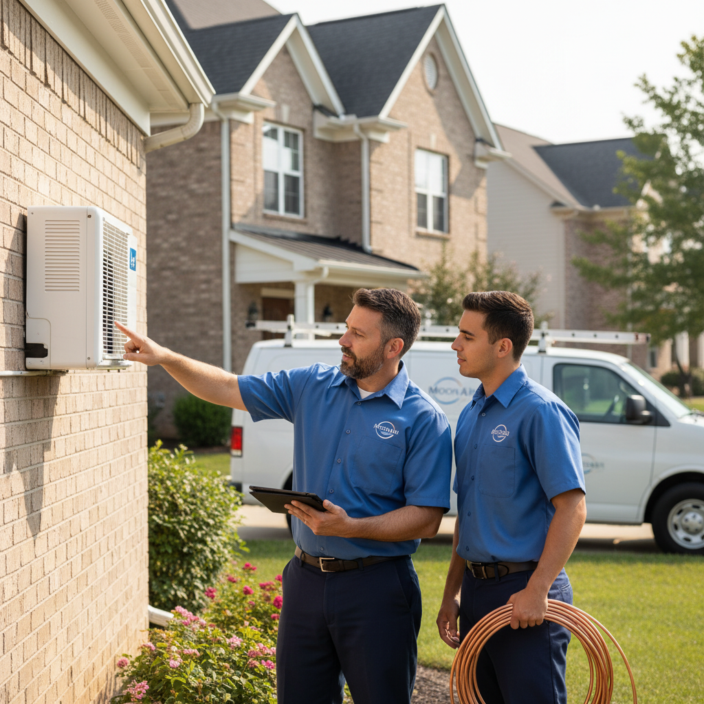 Moon Air HVAC specialists discussing an air conditioning unit installation at a residence in New Castle County, DE.