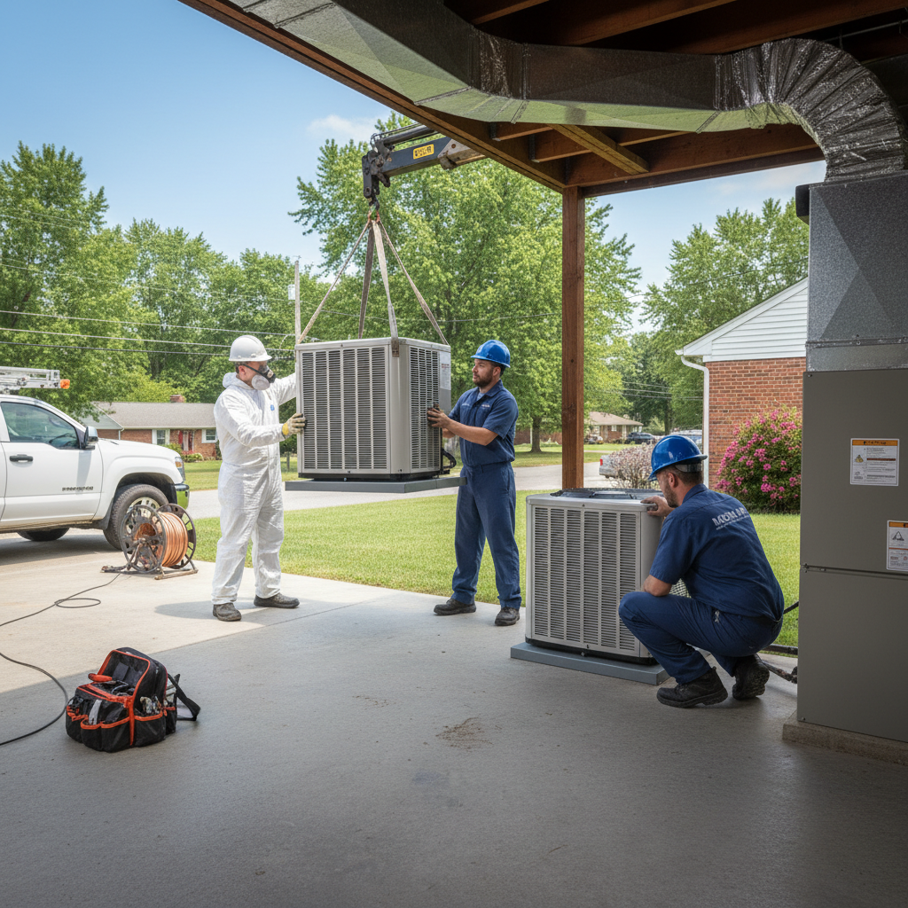 Moon Air HVAC specialists installing a new air conditioning unit in New Castle County, DE.