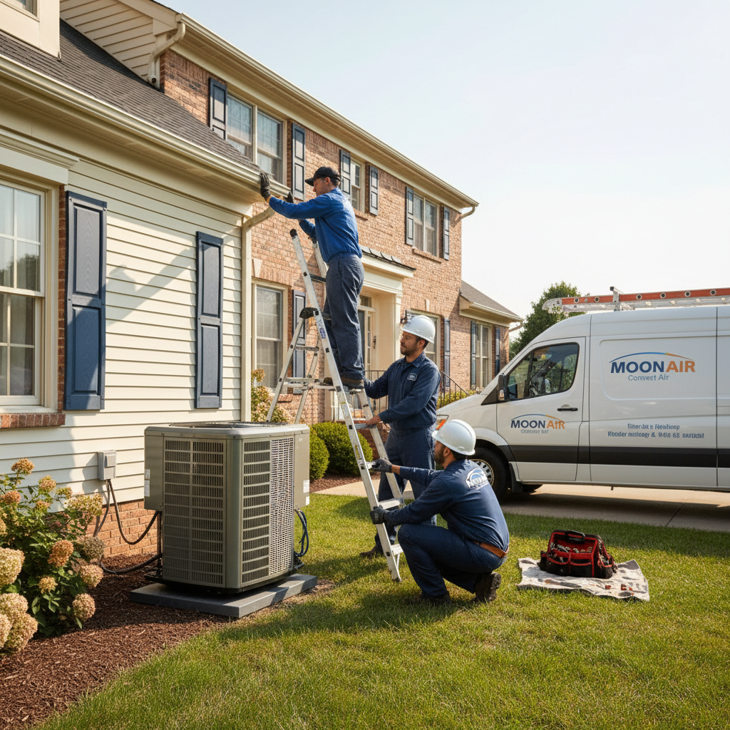 Moon Air HVAC team installing a new air conditioning system at a home in Delaware.