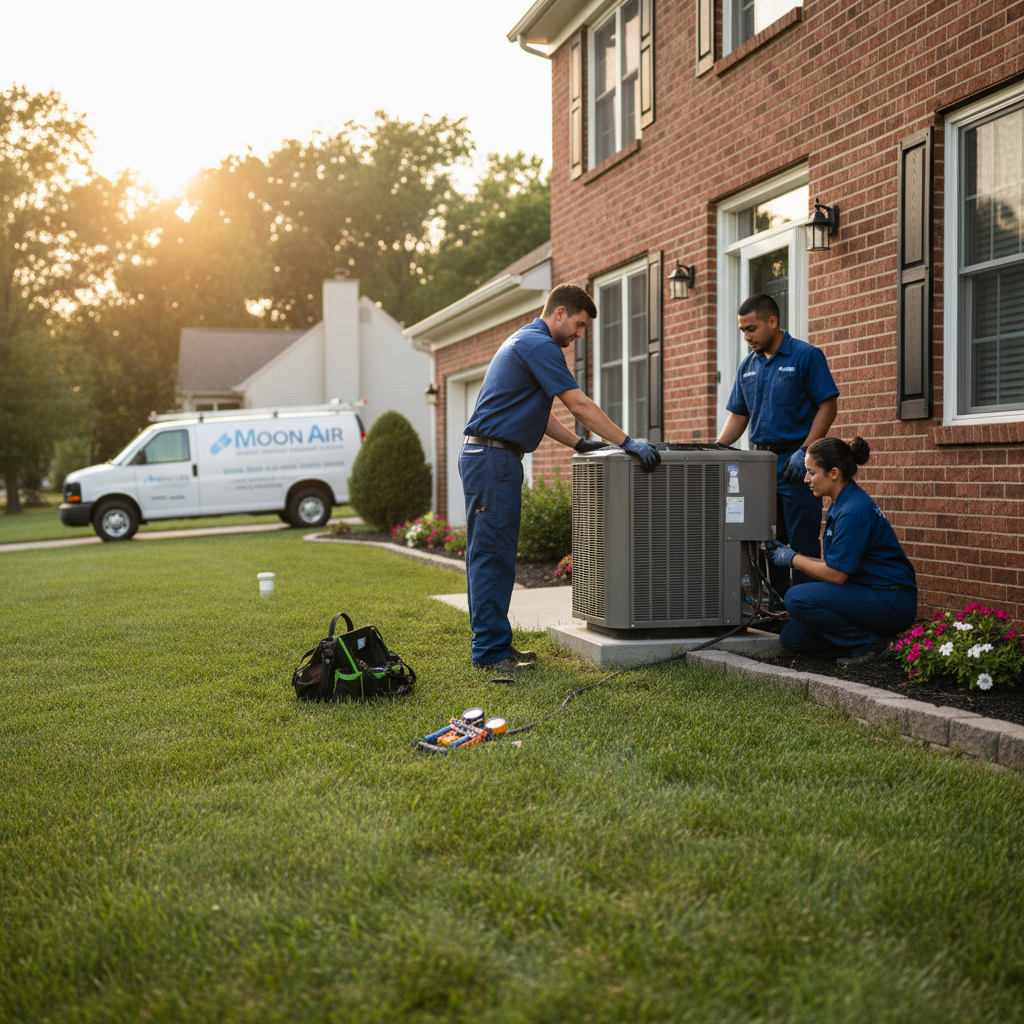 Moon Air HVAC team installing a new air conditioning unit at a residence in New Castle County, DE.