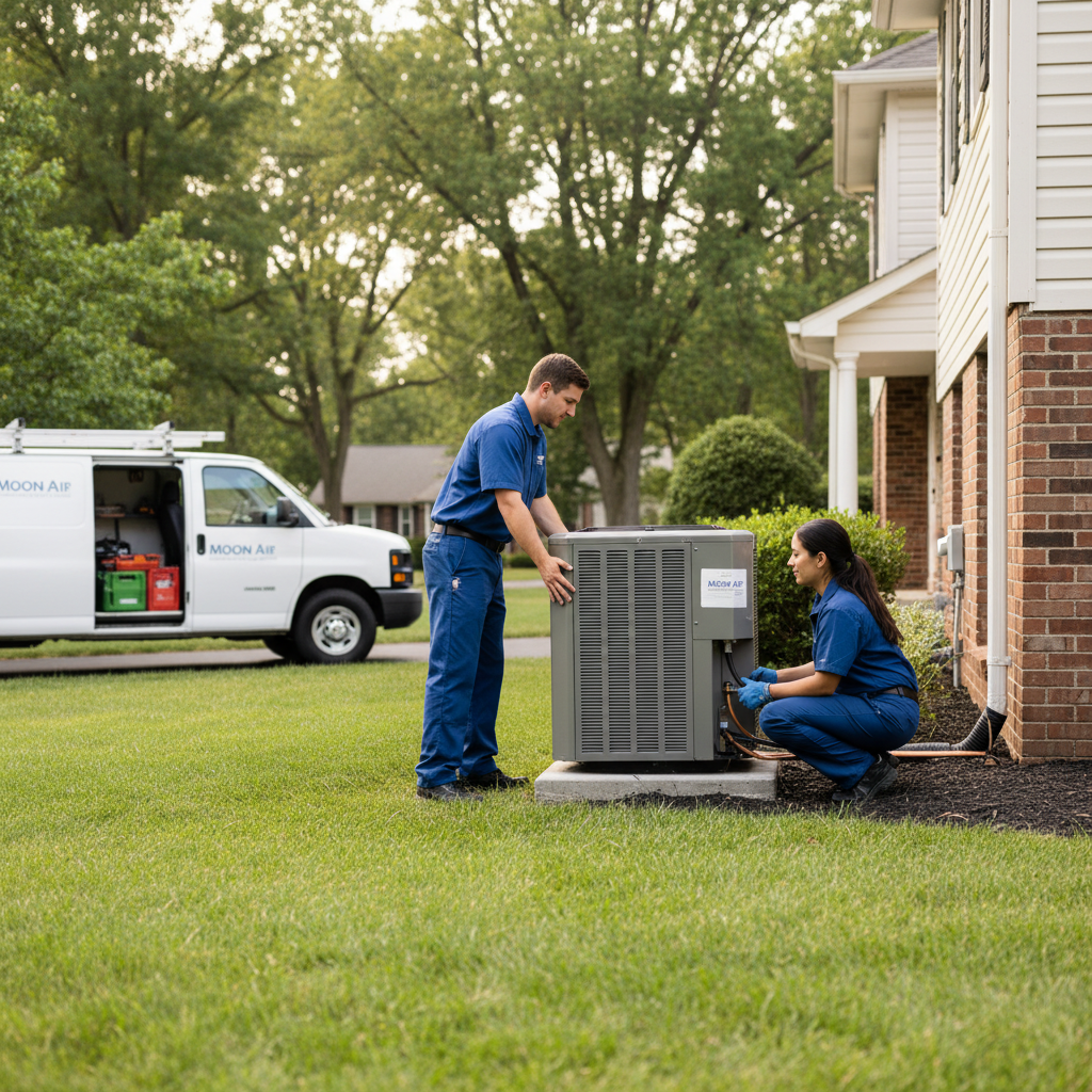 Moon Air HVAC team installing a new air conditioning unit in New Castle County, Delaware.