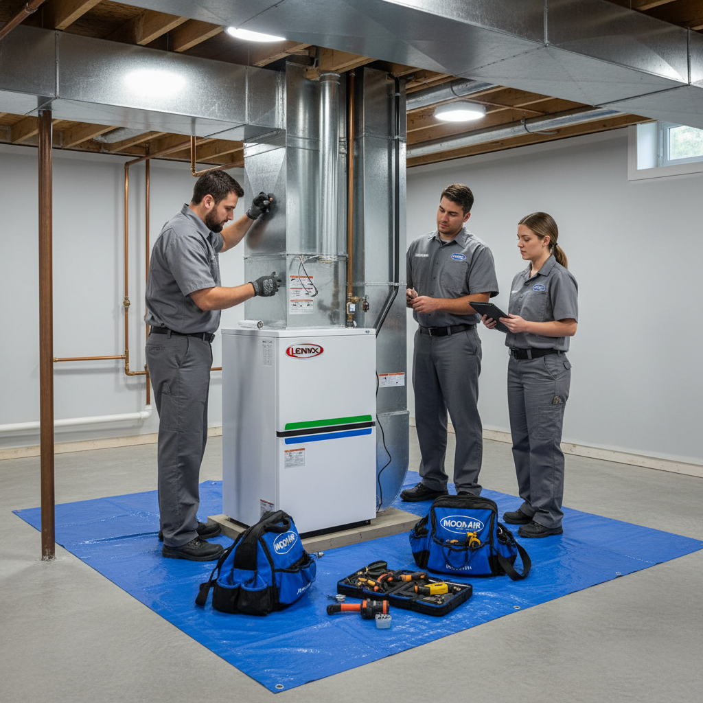 Moon Air HVAC team installing a new furnace system in a basement of a home in New Castle County, Delaware.