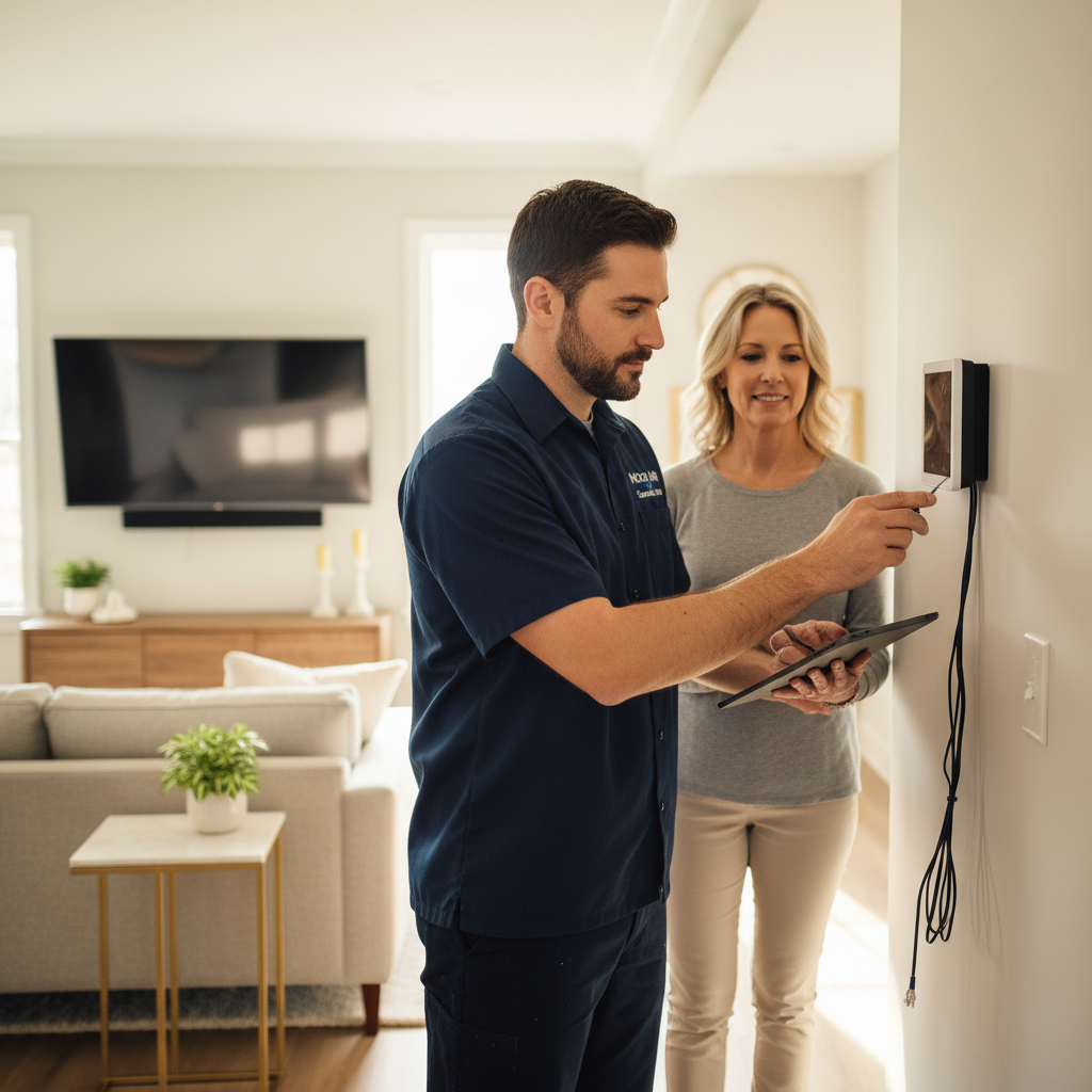 Moon Air HVAC team installing a new thermostat in a modern Chester County, Pennsylvania residence.