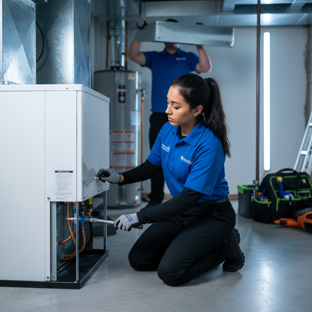 Moon Air HVAC technician expertly installing a new air conditioning unit in Chester County, Pennsylvania, or Maryland.