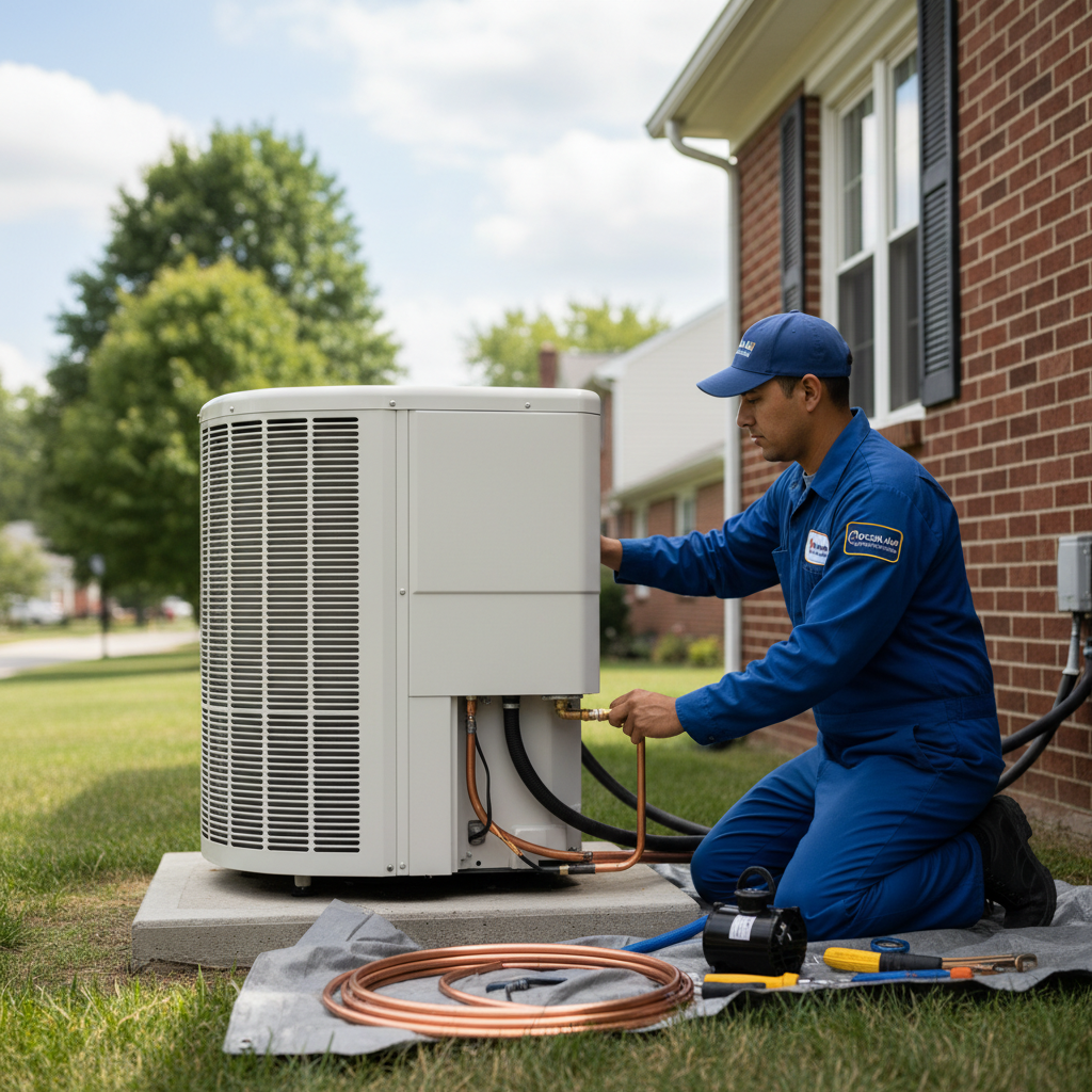 Moon Air HVAC technician expertly installing a new air conditioning unit in New Castle County, Delaware.