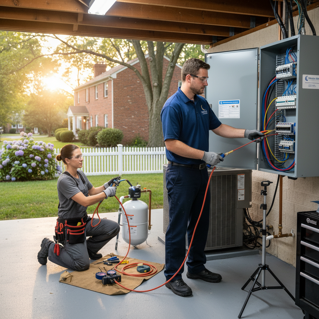 Moon Air HVAC technician expertly performing AC repair in a residential home in Cecil County, Maryland.