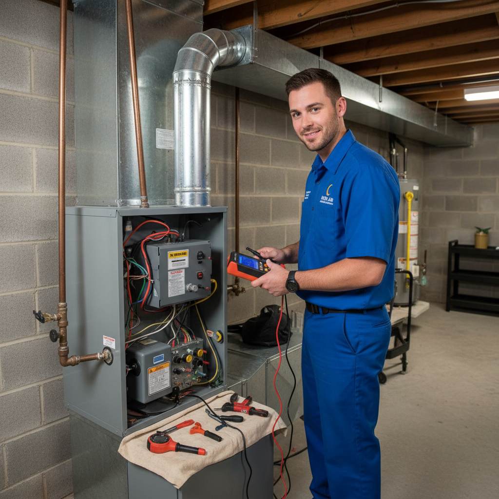 Moon Air HVAC technician inspecting a furnace in a Cecil County, MD, home.
