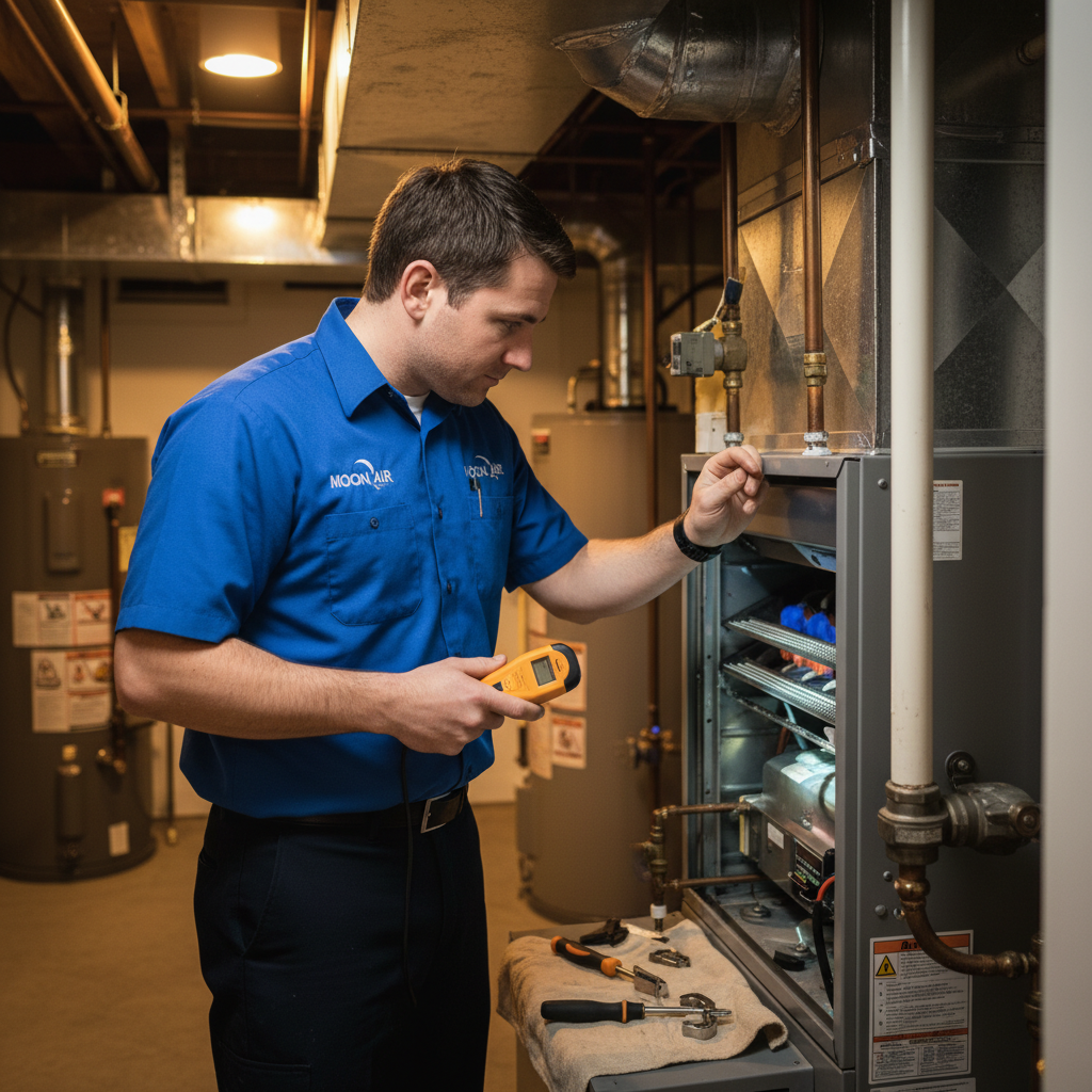 Moon Air HVAC technician inspecting a furnace in a Cecil County, MD, home.