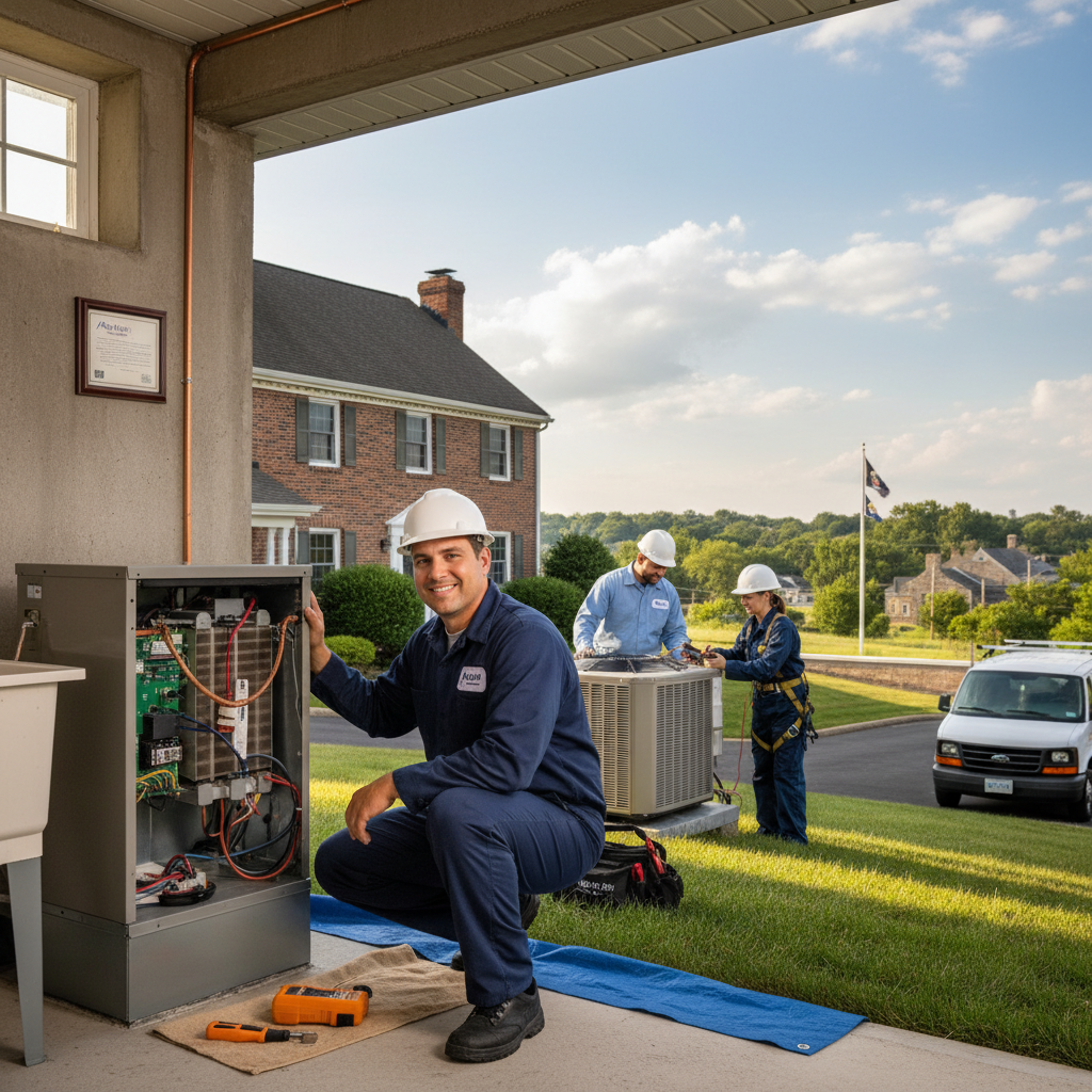 Moon Air HVAC technician inspecting a furnace in a Cecil County, Maryland home.