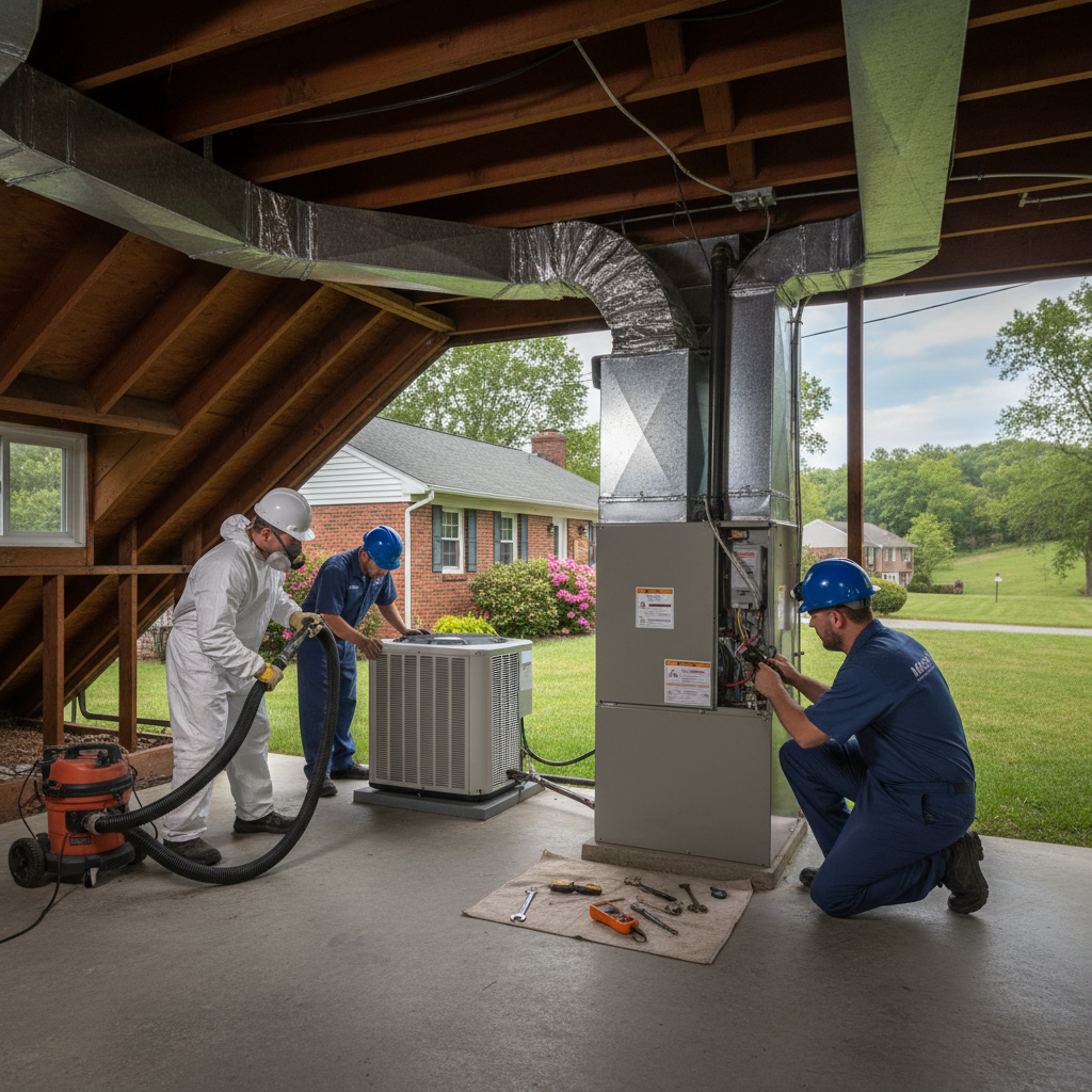 Moon Air HVAC technician inspecting a furnace in a Cecil County, MD home, ensuring comfort.