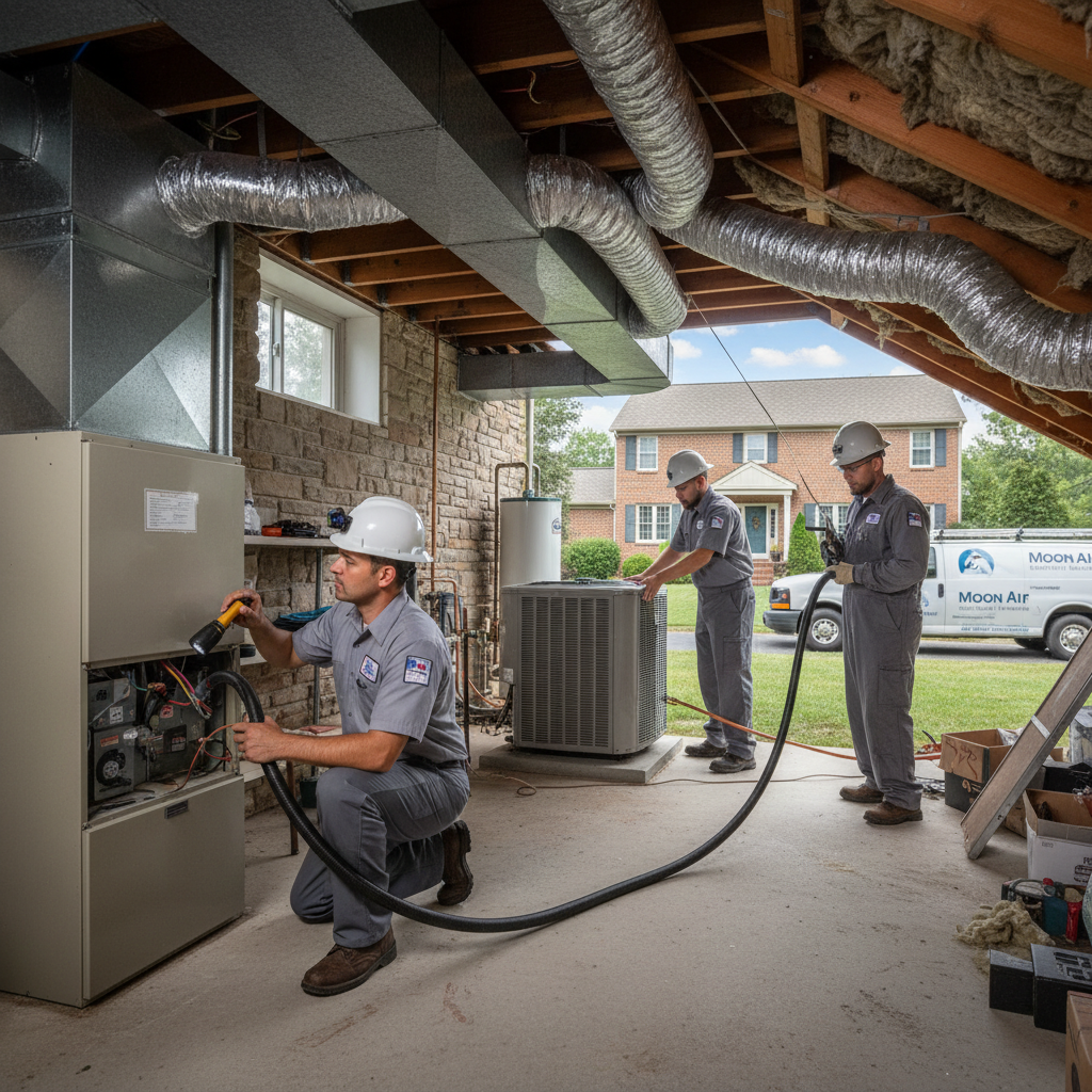 Moon Air HVAC technician inspecting a furnace in a Cecil County, MD home, ensuring comfort.