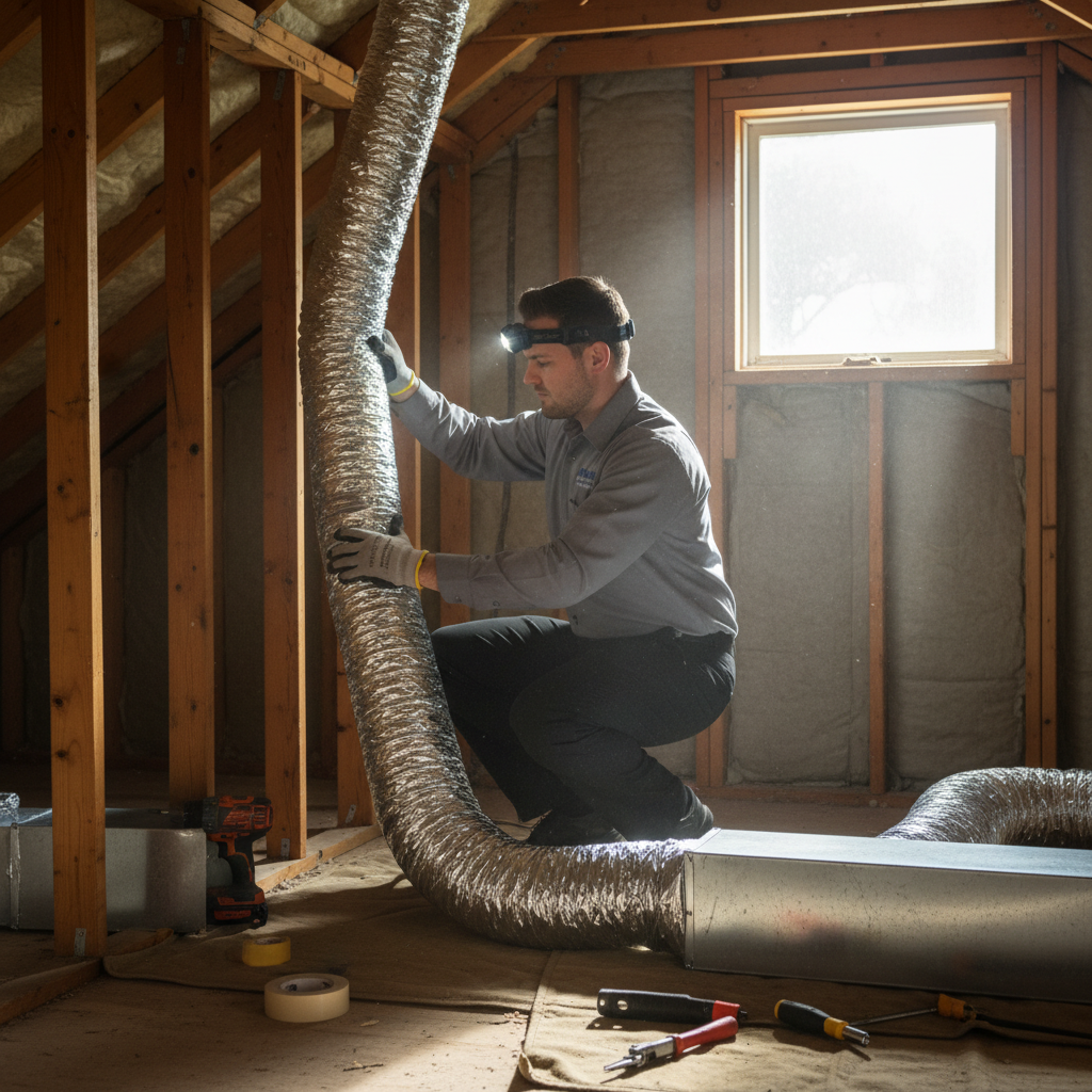 Moon Air HVAC technician installing new ductwork in a residential home in Chester County, PA.