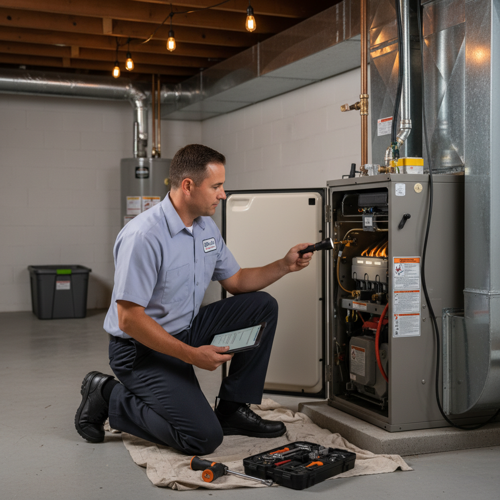 Moon Air HVAC technician performing a furnace inspection in a New Castle County, Delaware home.