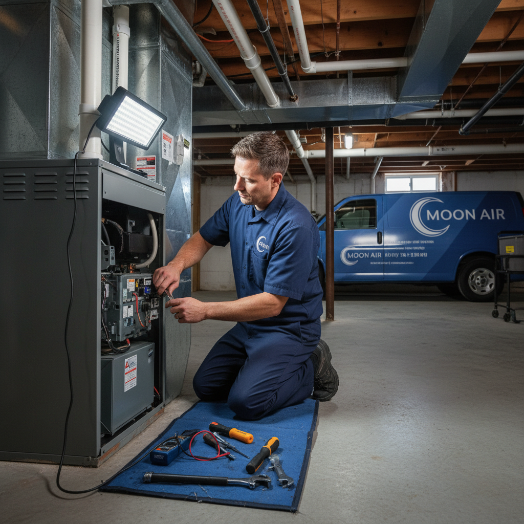 Moon Air HVAC technician performing a professional furnace repair in a New Castle County, Delaware residence.