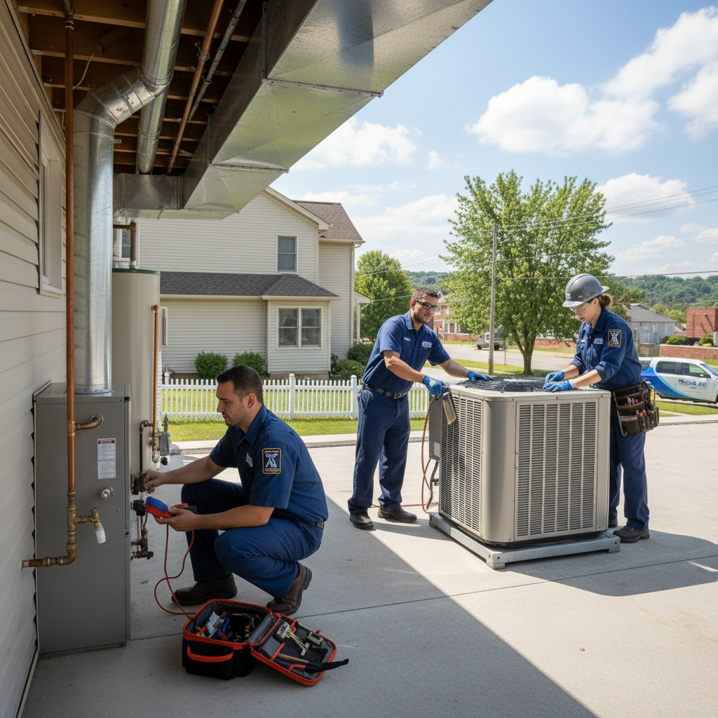 Moon Air HVAC technician performing maintenance on an outdoor AC unit in New Castle County, Delaware.