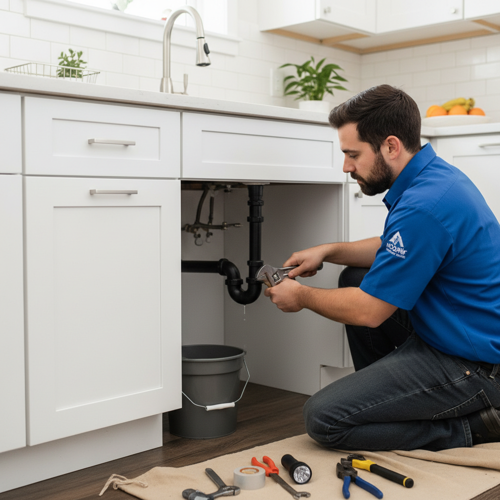 Moon Air plumber fixing a leaky pipe under a sink in a kitchen in New Castle County, DE.