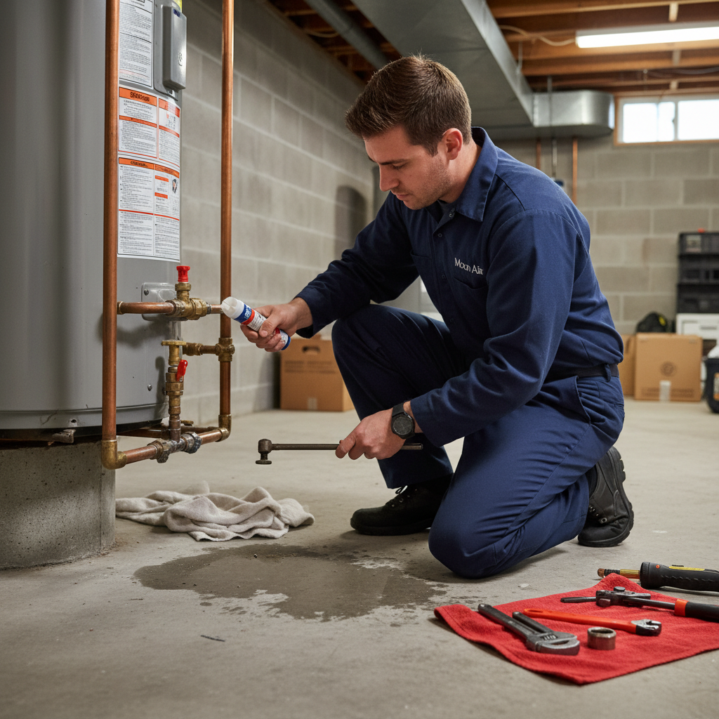 Moon Air plumber repairing a leaking pipe in a New Castle County, DE basement.