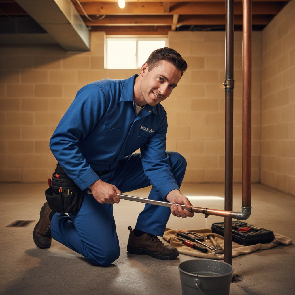 Moon Air plumber repairing a leaky pipe in a New Castle County, DE basement.