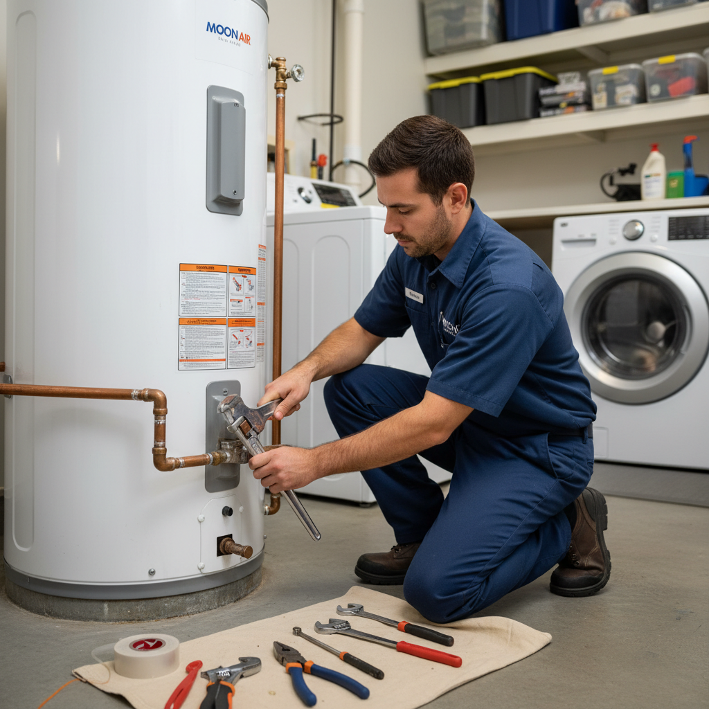 Moon Air plumber repairing a water heater in a Chester County, PA residence, ensuring hot water.