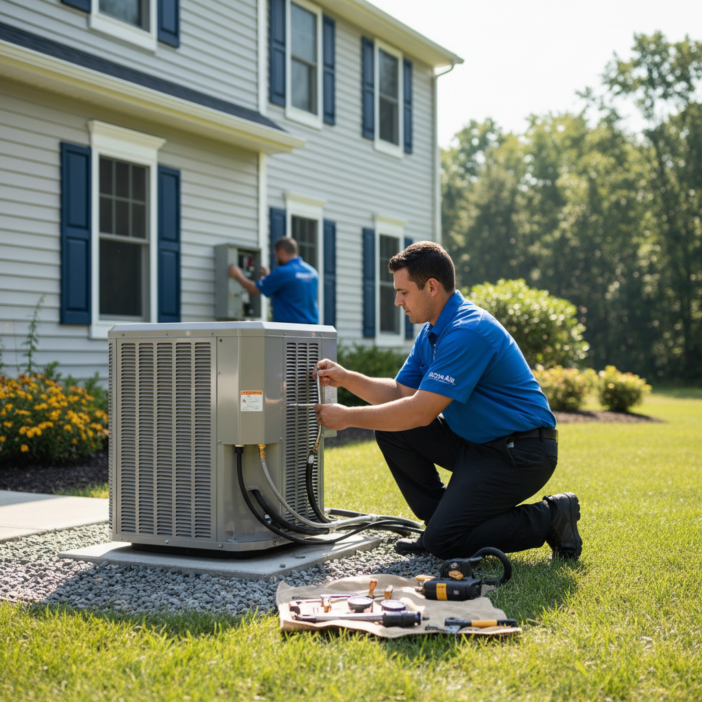 Moon Air professional installing a new air conditioning unit outside a New Castle County, DE residence.