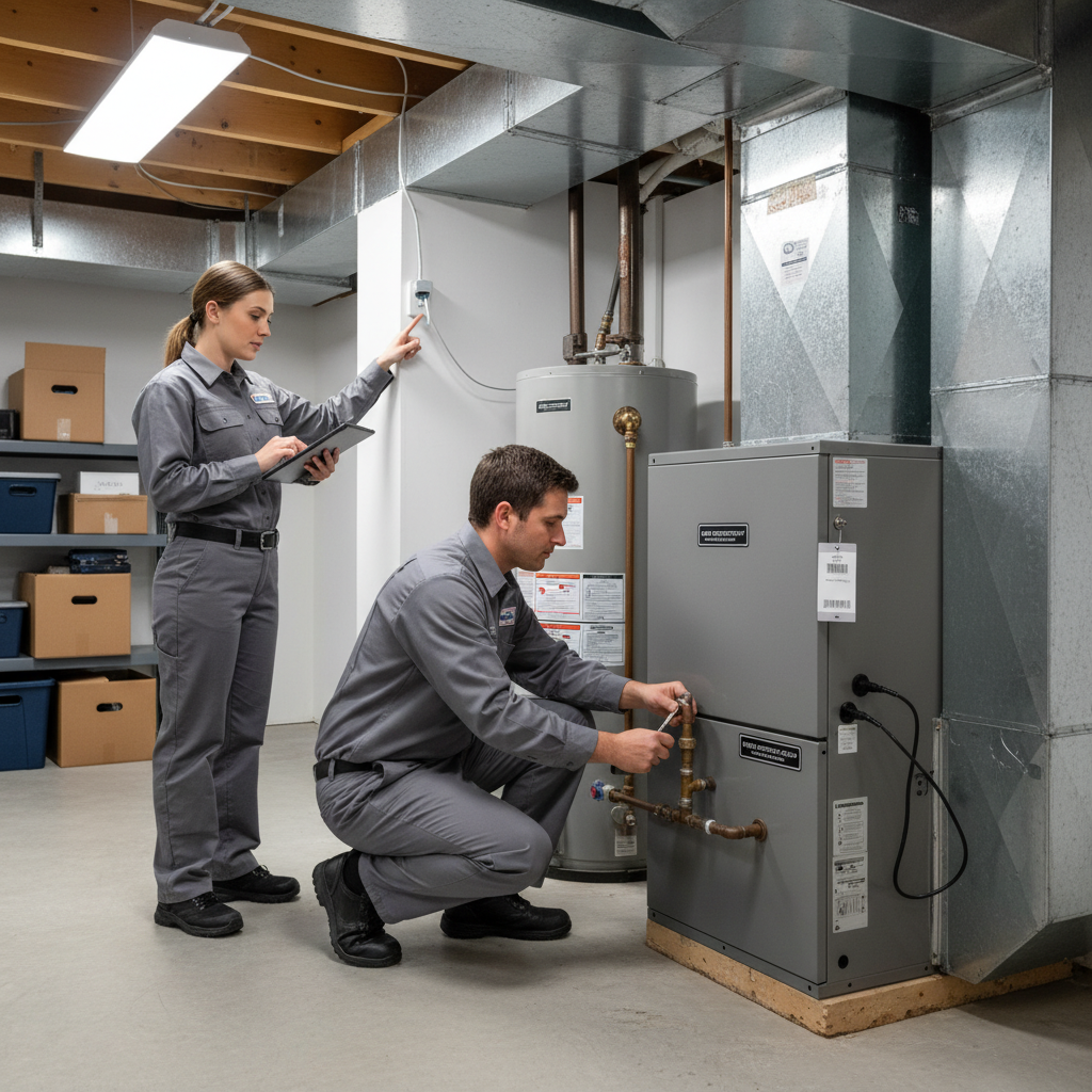 Moon Air professional installing a new furnace system in a residential basement in New Castle County, DE.