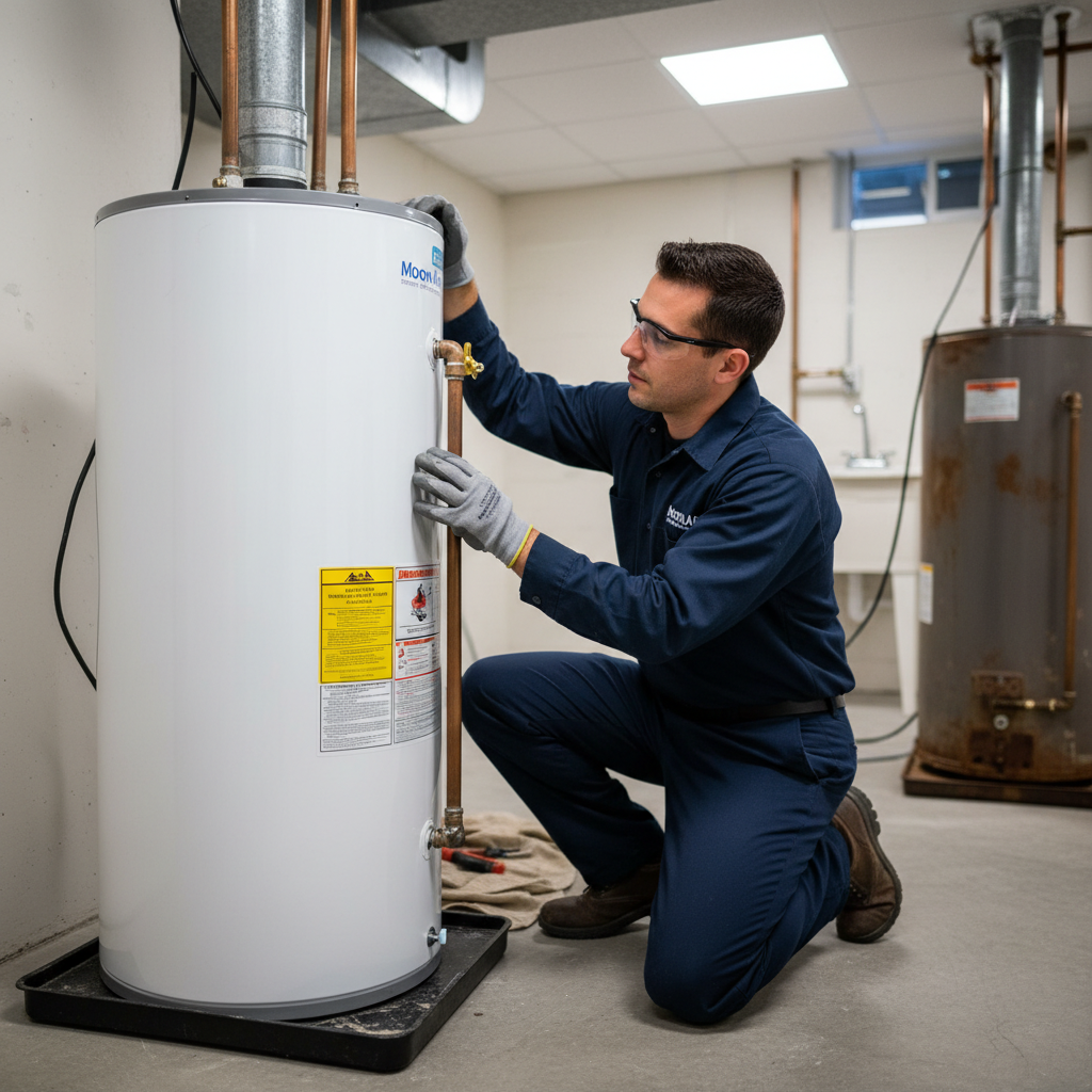 Moon Air professional installing a new water heater in a Chester County, PA home.