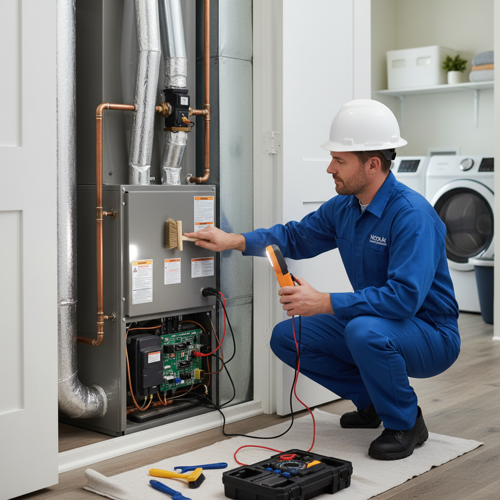 Moon Air professional performing routine HVAC maintenance inside a home in Chester County, PA.
