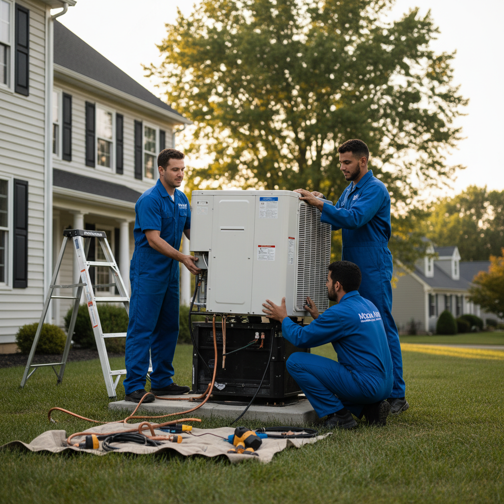 Moon Air specialists installing a new air conditioning unit in a Delaware residential property, ensuring comfort.