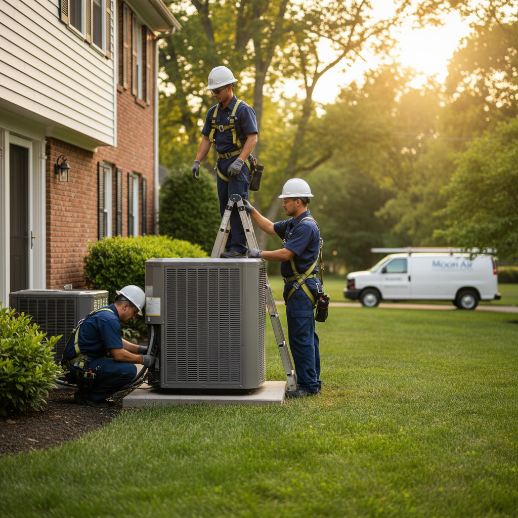 Moon Air technician installing a new air conditioning unit at a Chester County, Pennsylvania residence.