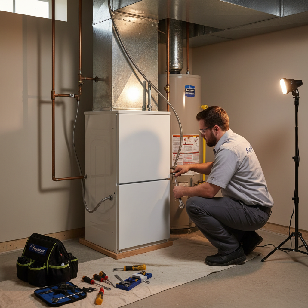Moon Air technician installing a new furnace in a basement in New Castle County, DE.