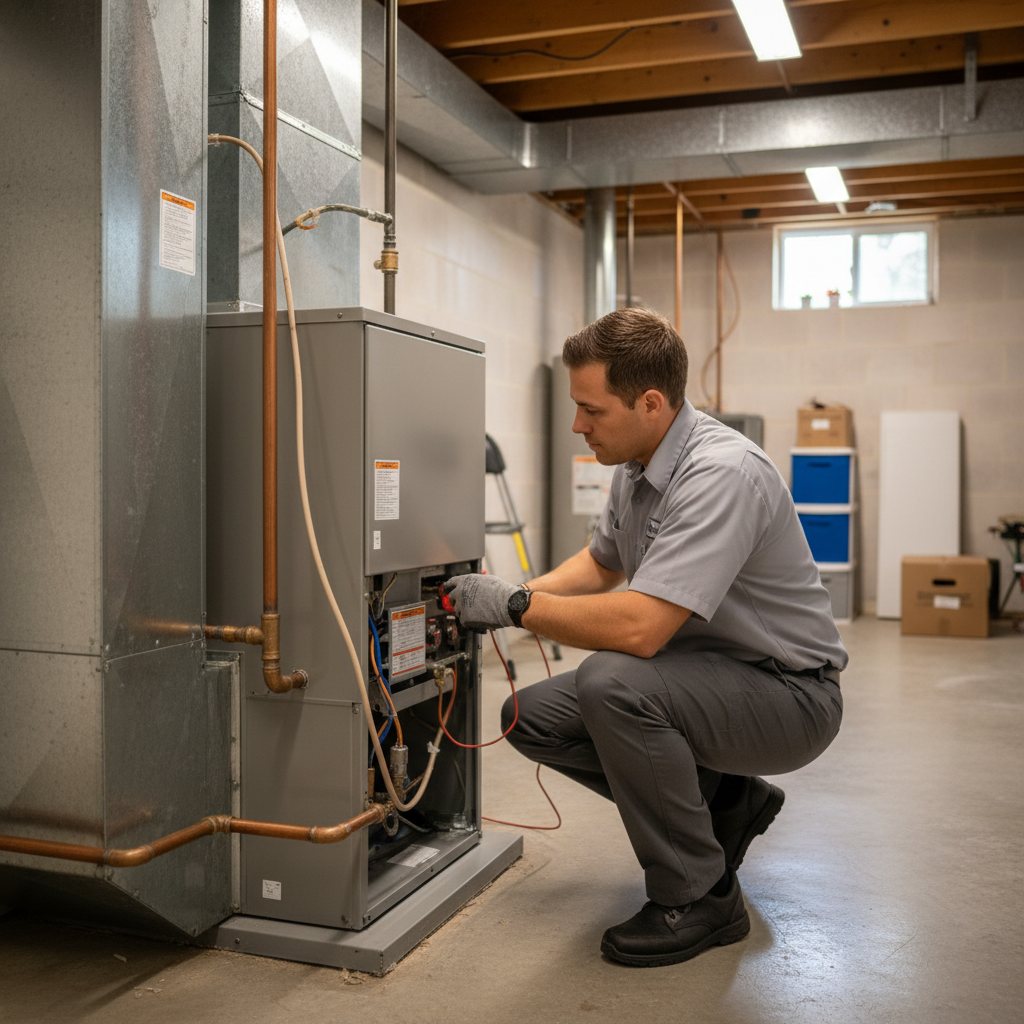 Moon Air technician installing a new furnace in a basement utility room in New Castle County, DE.